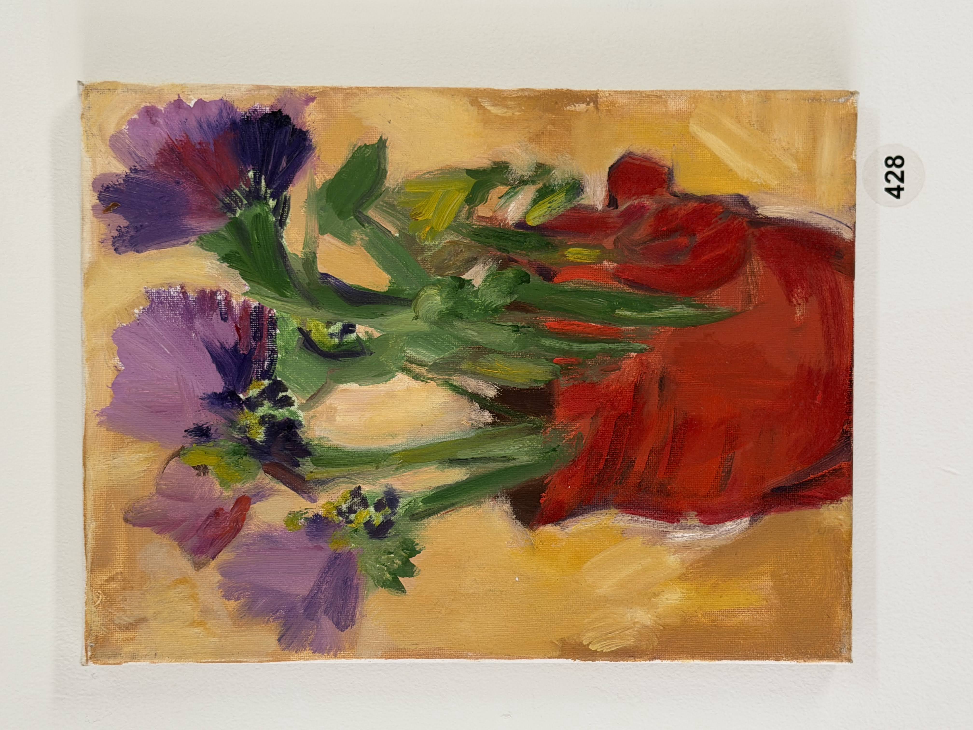 purple thistles red vase