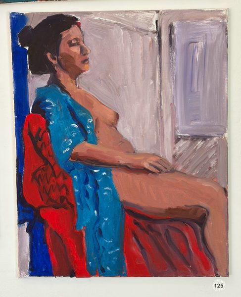 blue robe, red chair
